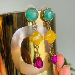 Anthro 3-shape Gold Chained 3-color Teal Turmeric Rose Tassel Teardrop Earrings